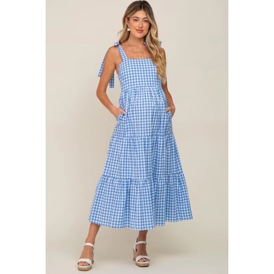 Target Pinkblush Blue Checkered Sleeveless Tiered Maternity Maxi Dress Small