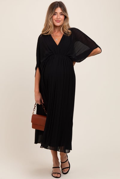 PinkBlush Black Pleated V Neck Maternity Maxi Dress
