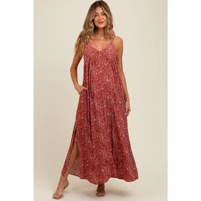 Target Pinkblush Rust Paisley Print Sleeveless Side Slit Maternity Maxi Dress Small