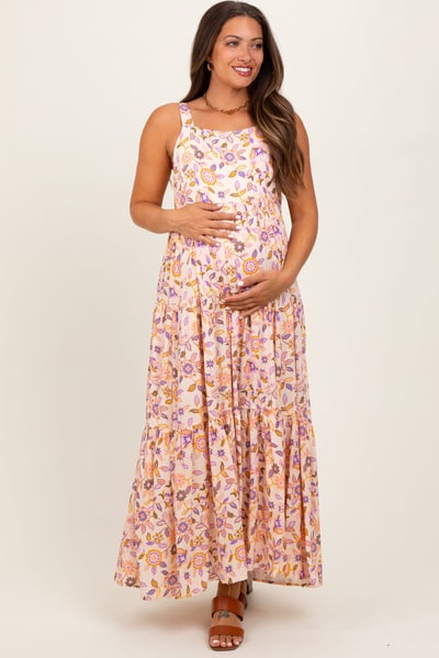 PinkBlush Peach Floral Sleeveless Tiered Maternity Maxi Dress