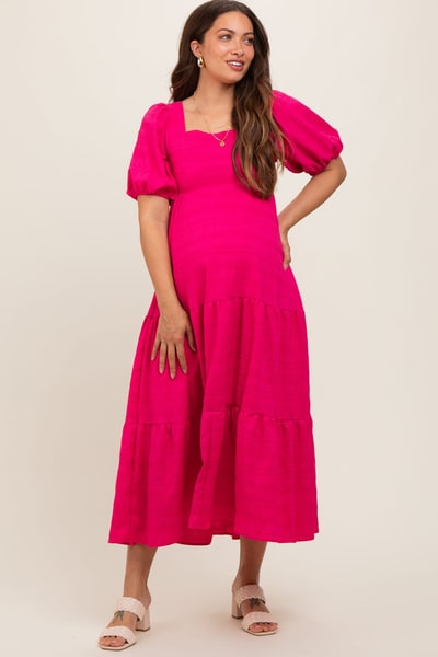 PinkBlush Fuchsia Textured Maternity Tiered Midi Dress
