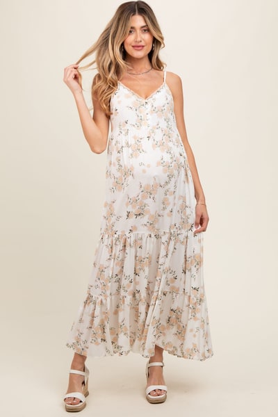 PinkBlush Cream Floral Sleeveless Tiered Maternity Maxi Dress
