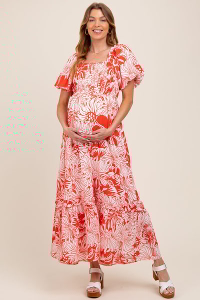 PinkBlush Coral Floral Print Smocked Bodice Maternity Maxi Dress