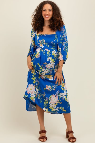 PinkBlush Royal Blue Floral Square Neck 3/4 Sleeve Maternity Midi Dress