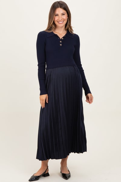 PinkBlush Navy Collared Knit Contrast Pleated Skirt Maternity Midi Dress