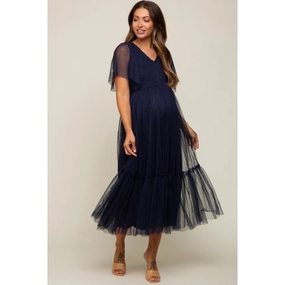 Target Pinkblush Navy Blue Dotted Tulle Smocked Maternity Midi Dress Small