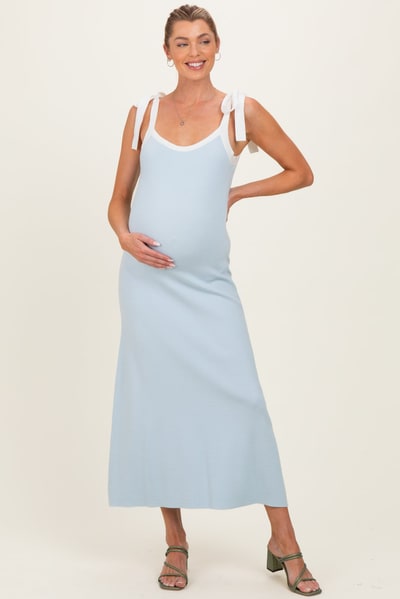 PinkBlush Light Blue Knit Contrast Shoulder Tie Maternity Dress