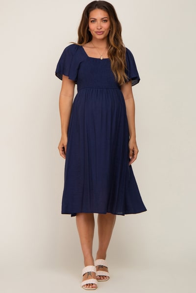 PinkBlush Navy Blue Smocked Square Neck Flutter Short Sleeve Maternity Midi Dress