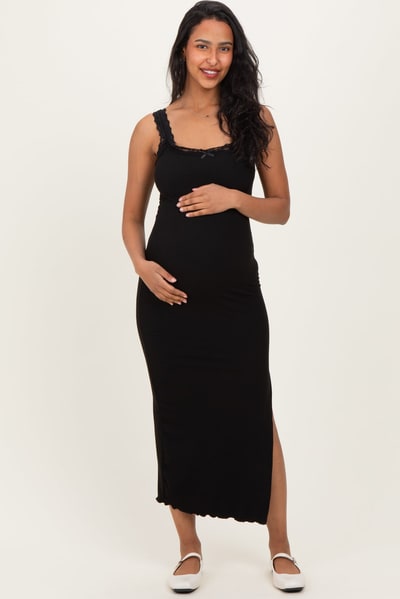 PinkBlush Black Lace Trim Side Slit Maternity Tank Dress