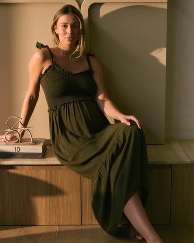 Ripe Maternity Brandi Shirred Dress  Khaki