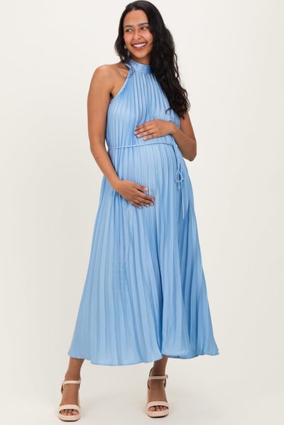 PinkBlush Light Blue Pleated Maternity Halter Dress