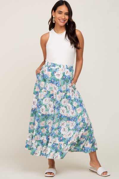 PinkBlush Blue Floral Tiered Maternity Maxi Skirt