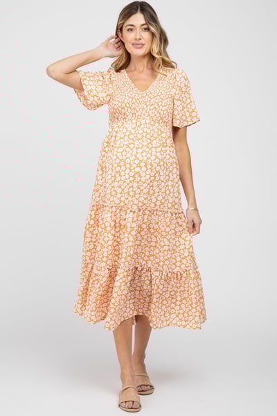 PinkBlush Peach Floral Tiered Maternity Midi Dress