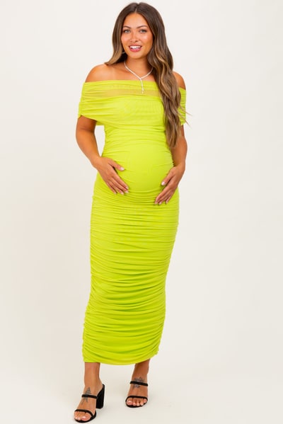 PinkBlush Lime Ruched Mesh Foldover Off Shoulder Maternity Maxi Dress