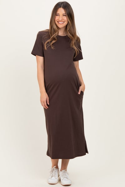 PinkBlush Dark Chocolate Cotton T-Shirt Maternity Midi Dress