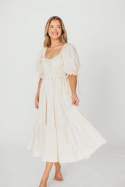 Worth Collective Crissy 100% Cotton Ruched Midi Dress in Cream - Bump Friendly