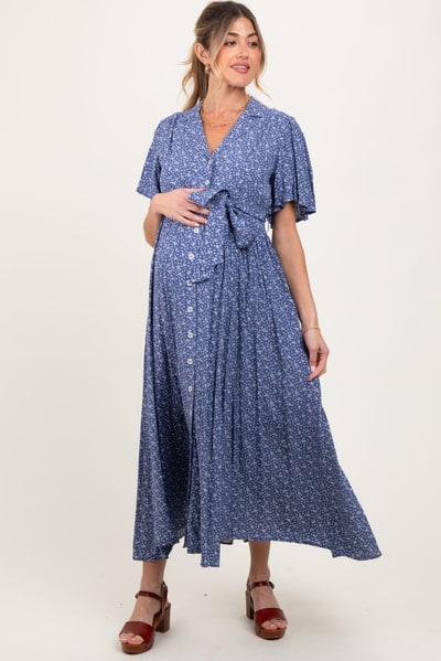 PinkBlush Blue Flutter Sleeve Button Down Maternity Maxi Dress