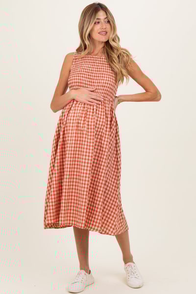 PinkBlush Red Gingham Smocked Sleeveless Maternity Midi Dress