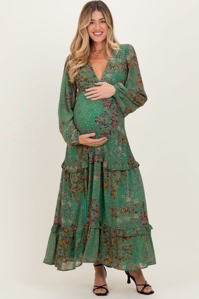 PinkBlush Green Floral Chiffon V-Neck Long Sleeve Maternity Maxi Dress