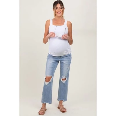 Target Pinkblush Light Blue Distressed Cutout Maternity Straight Leg Ankle Jeans 26