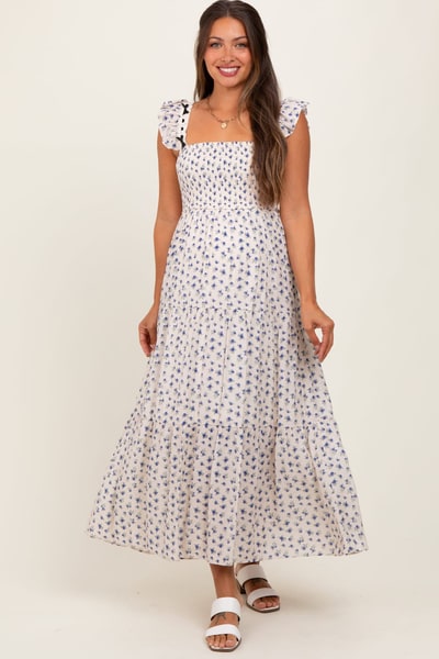 PinkBlush Blue Floral Bow Trim Lace Detail Smocked Maternity Maxi Dress