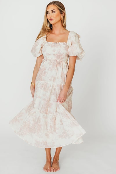 Worth Collective Elena 100% Cotton Toile Print Smocked Midi Dress in Pink - Bump Friendly & Inclusive Sizing (Restocking in May)