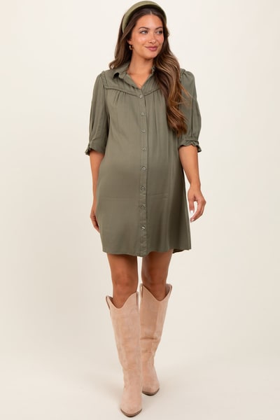 PinkBlush Olive Braided Trim Detail Button Down Maternity Dress