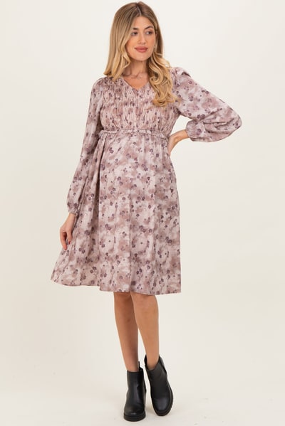 PinkBlush Beige Floral Smocked Long Sleeve Maternity Dress