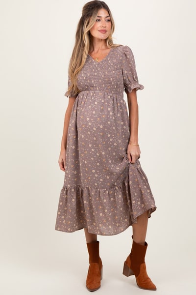 PinkBlush Mauve Floral Print Smocked Ruffle Hem Maternity Midi Dress