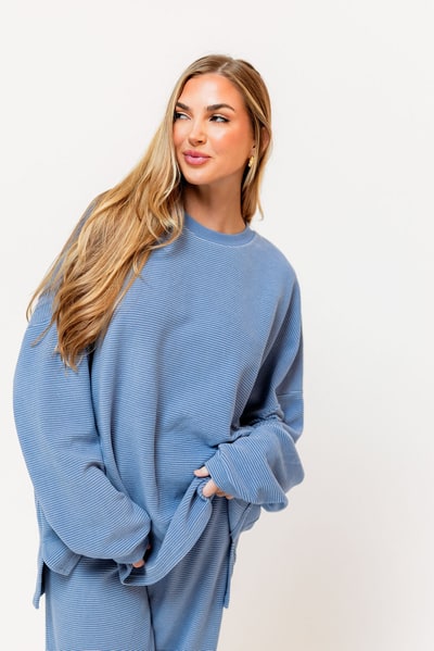 Worth Collective Naomi Striped Oversized Fleece Long Sleeve Top in Sky Blue - Bump Friendly *PRE-ORDER*
