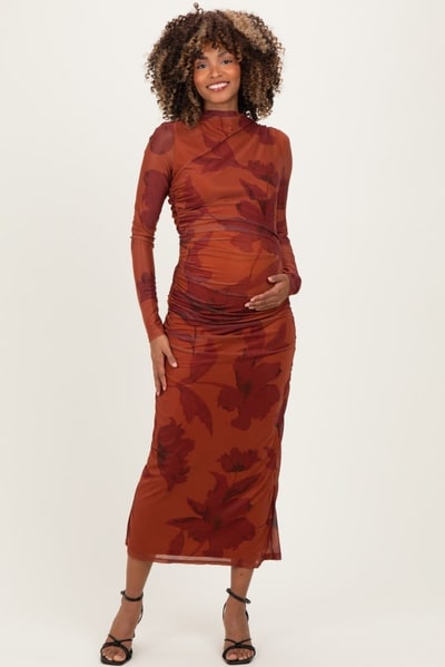 PinkBlush Rust Floral Mesh Ruched Long Sleeve Maternity Midi Dress
