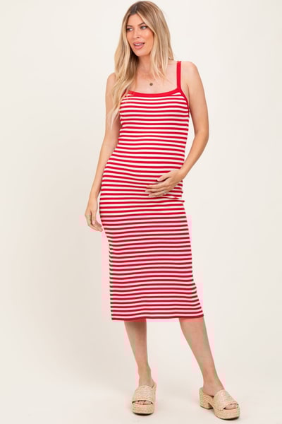 PinkBlush Red Striped Knit Sleeveless Maternity Midi Dress