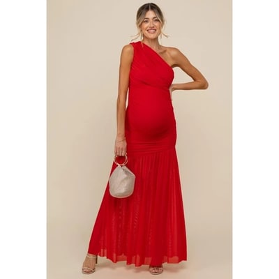 Target Pinkblush Red Ruched Mesh One Shoulder Maternity Maxi Dress Small
