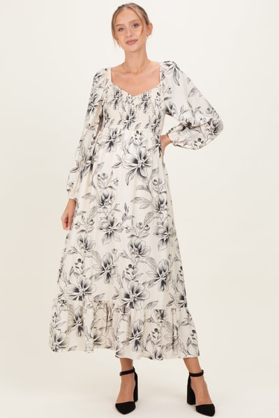 PinkBlush Cream Floral Smocked Long Sleeve Maternity Maxi Dress