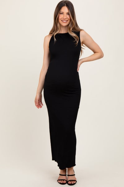 PinkBlush Black Textured Shoulder Detail Maternity Midi Dress