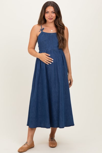 PinkBlush Denim Blue Bow Accent Strap Maternity Midi Dress