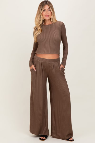 PinkBlush Coffee Long Sleeve Top Pleated Wide Leg Pants Texture Maternity Set