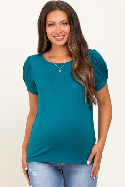 PinkBlush Teal Twisted Short Sleeve Maternity Top
