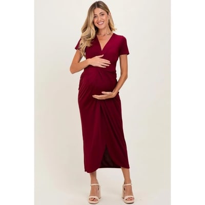 Target Pinkblush Burgundy Gathered Front Short Sleeve Maternity Maxi Dress Medium