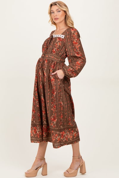 PinkBlush Brown Floral Stripe Button Down Long Sleeve Maternity Midi Dress