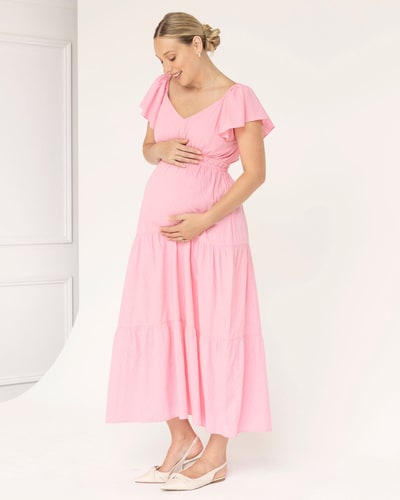 Angel Maternity Lila Baby Shower Maternity Cotton Dress in Sugar Pink