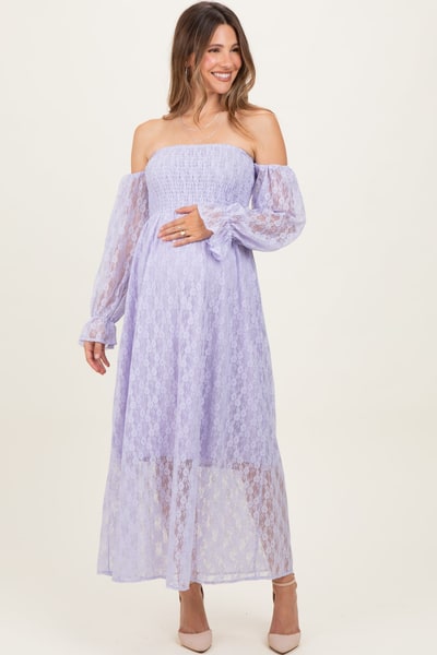 PinkBlush Lavender Lace Overlay Smocked Maternity Maxi Dress