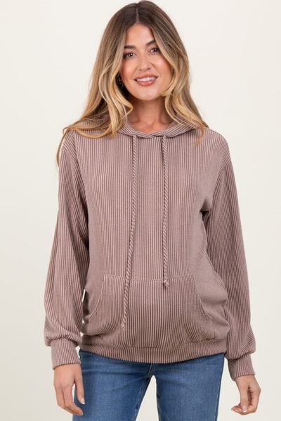 PinkBlush Taupe Ribbed Basic Drawstring Maternity Hoodie