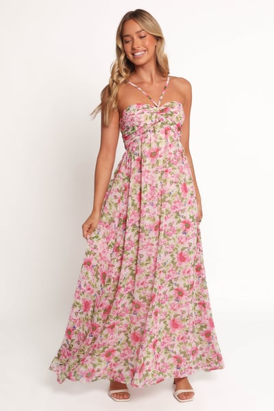 Petal & Pup Cascade Halterneck Maxi Dress - Carmine Rose