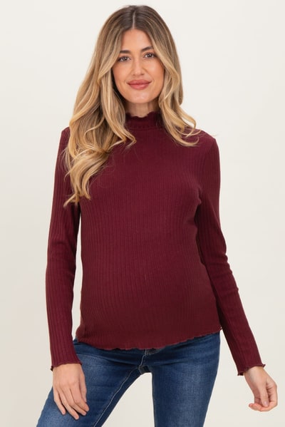 PinkBlush Burgundy Ribbed Mock Neck Ruffle Hem Maternity Long Sleeve Top