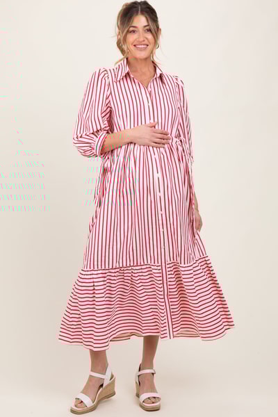 PinkBlush Red Striped Collar Maternity Maxi Dress