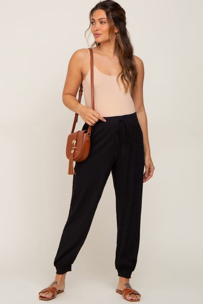PinkBlush Black Drawstring Accent Maternity Joggers