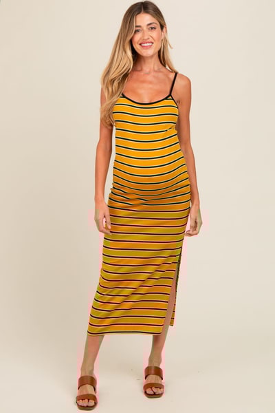 PinkBlush Yellow Striped Ribbed Side Slit Maternity Midi Dress