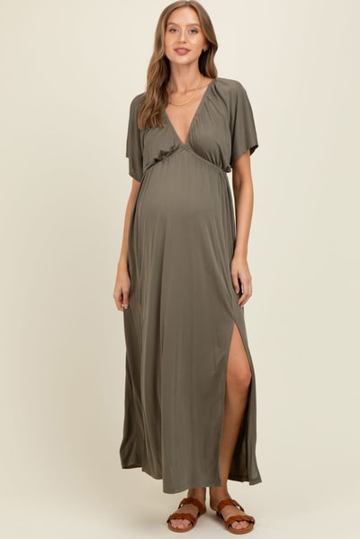PinkBlush Olive V-Neck Flutter Sleeve Side Slit Maternity Maxi Dress