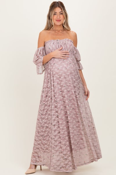 PinkBlush Taupe Floral Lace Off Shoulder Ruffe Sleeve Maternity Maxi Dress